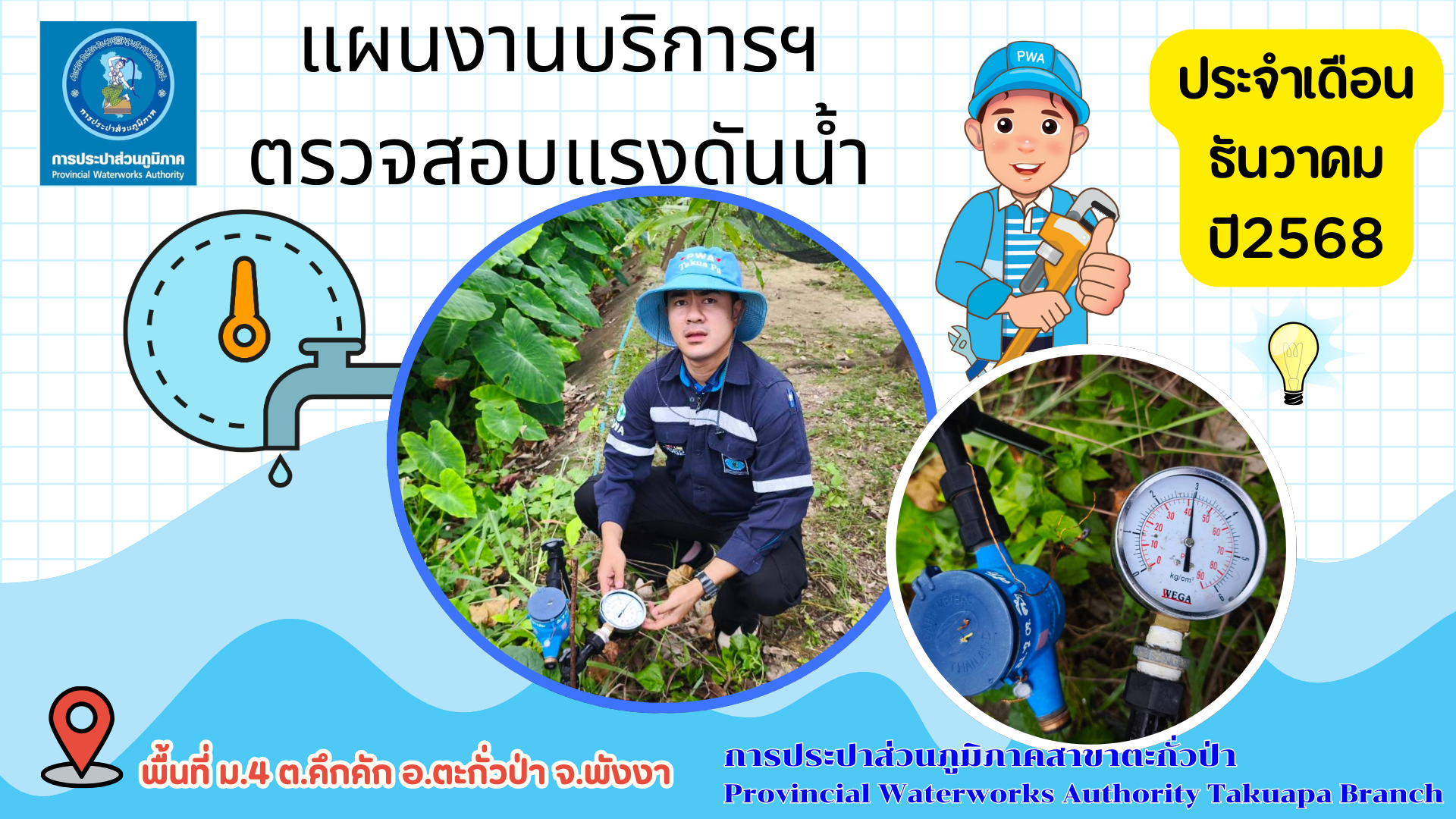 กปภ.สาขาตะกั่วป่า ดำเนินการตามแผนงานบริการและควบคุมน้ำสูญเสีย ตรวจสอบแรงดันน้ำ ประจำเดือนธันวาคม ปี2568