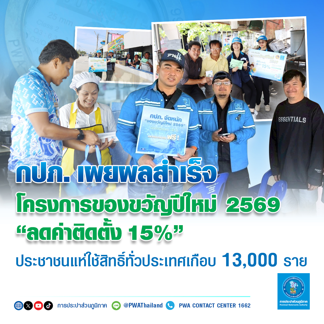 กปภ. เผยผลสำเร็จโครงการของขวัญปีใหม่ 2569 ลดค่าติดตั้ง 15%ประชาชนแห่ใช้สิทธิ์ทั่วประเทศเกือบ 13,000 ราย