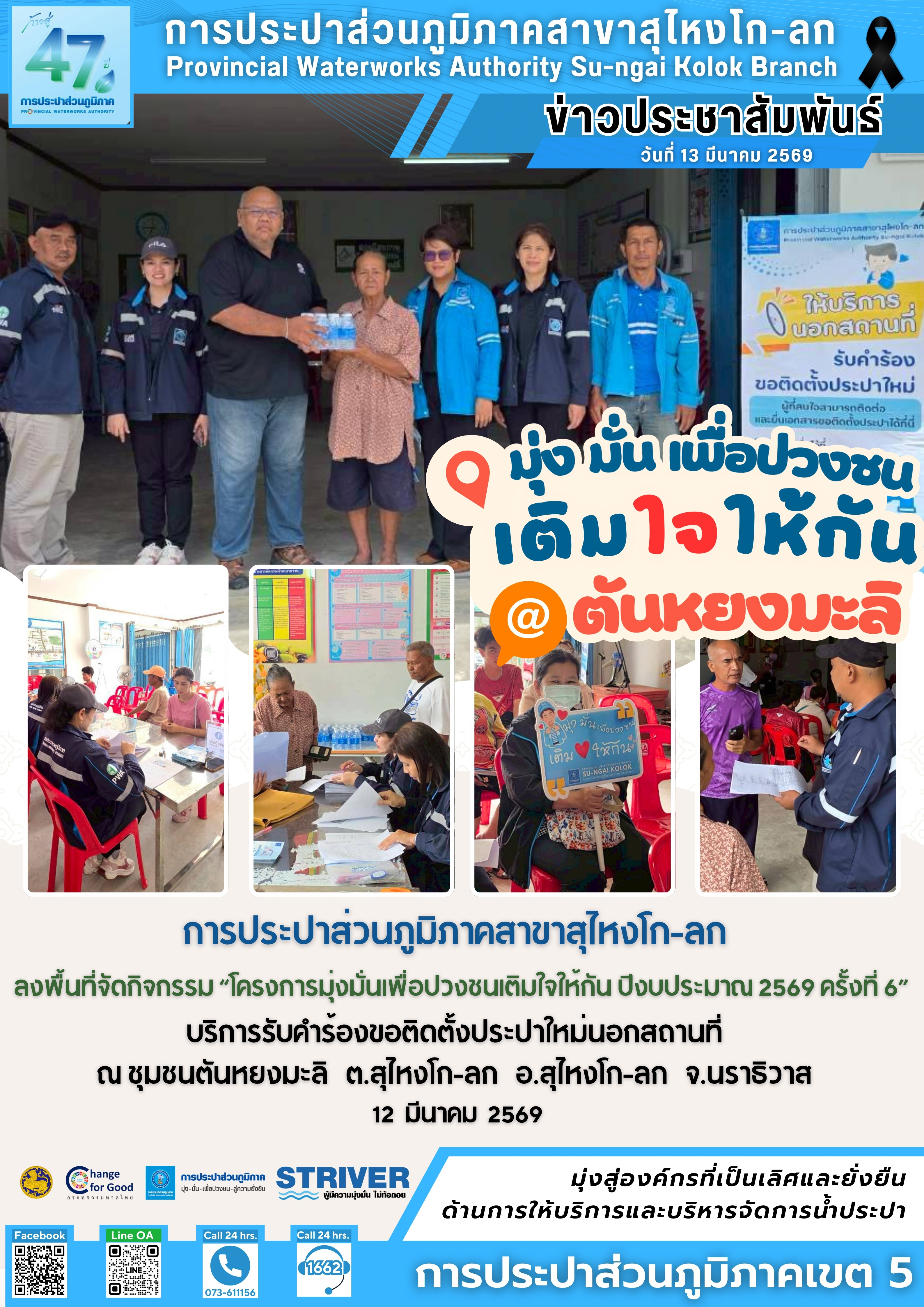 การประปาส่วนภูมิภาคสาขาสุไหงโก-ลก จัดโครงการมุ่งมั่นเพื่อปวงชนเติมใจให้กัน ลงพื้นที่รับคำร้องขอติดตั้งประปาใหม่ อำนวยความสะดวกประชาชนชุมชนบ้านตันหยงมะลิ